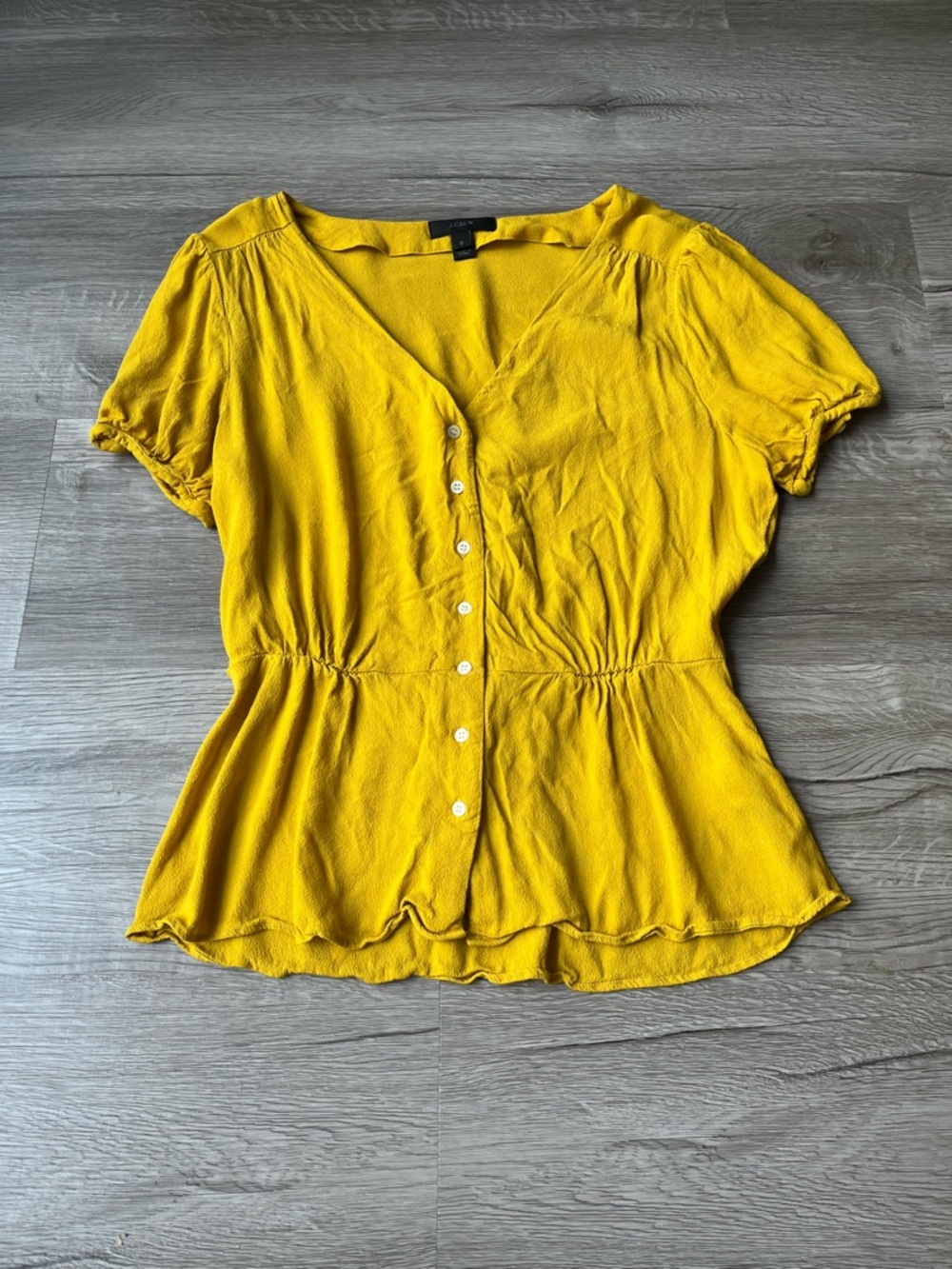 Yellow Button-Front Peplum Blouse - Lightweight Short Sleeve